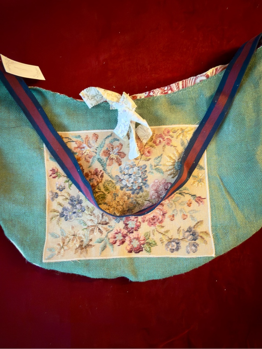Floral Needlepoint Canvas Tote Bag in Teal with Striped Strap size XXL